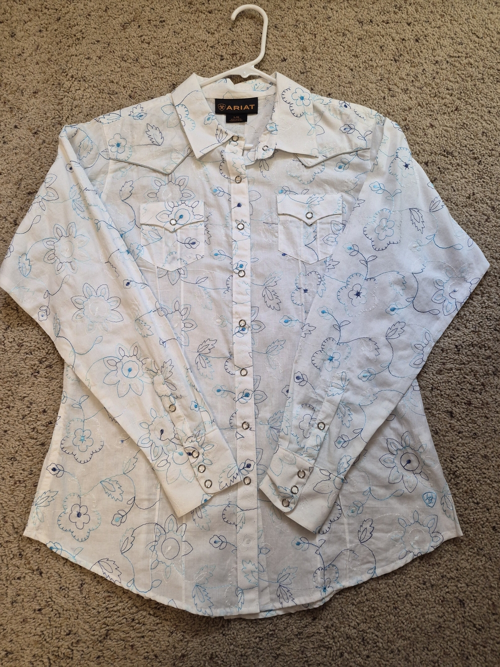 Ariat White Western Floral Snap Shirt with Light Blue Accents